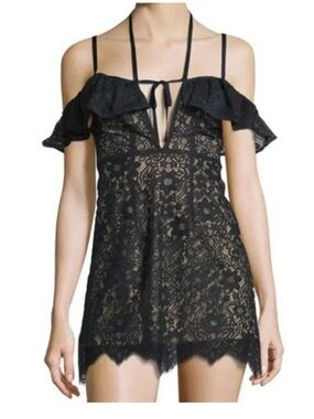 Free People For Love & Lemons Rosemary Mini Dress Lace Halter Off Shoulder Black